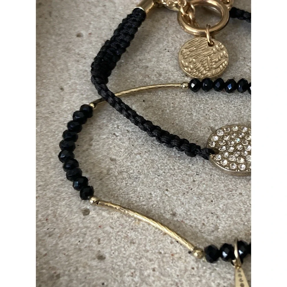 Gold Tone Black Beaded Starfish Bracelet Set Of 3 Rhinestone Charm Layered